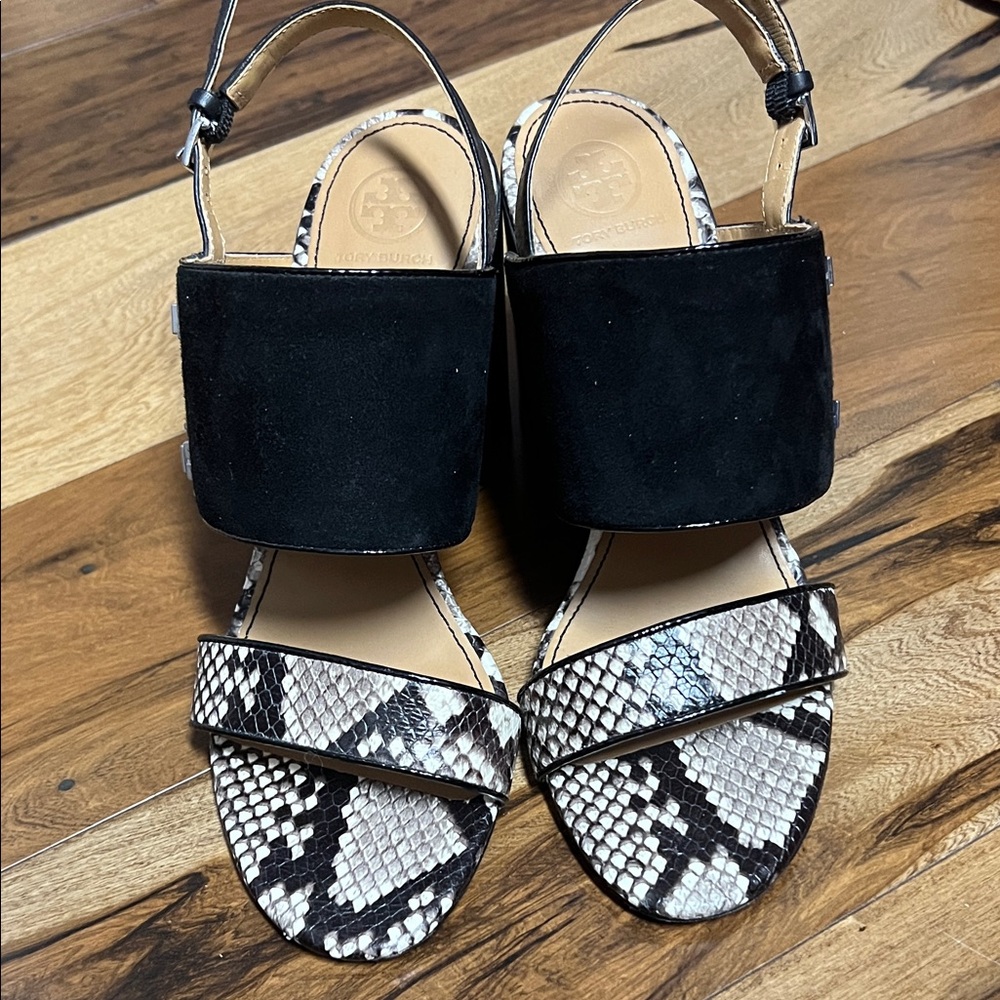Tory Burch Black and Snake Print Sandals
